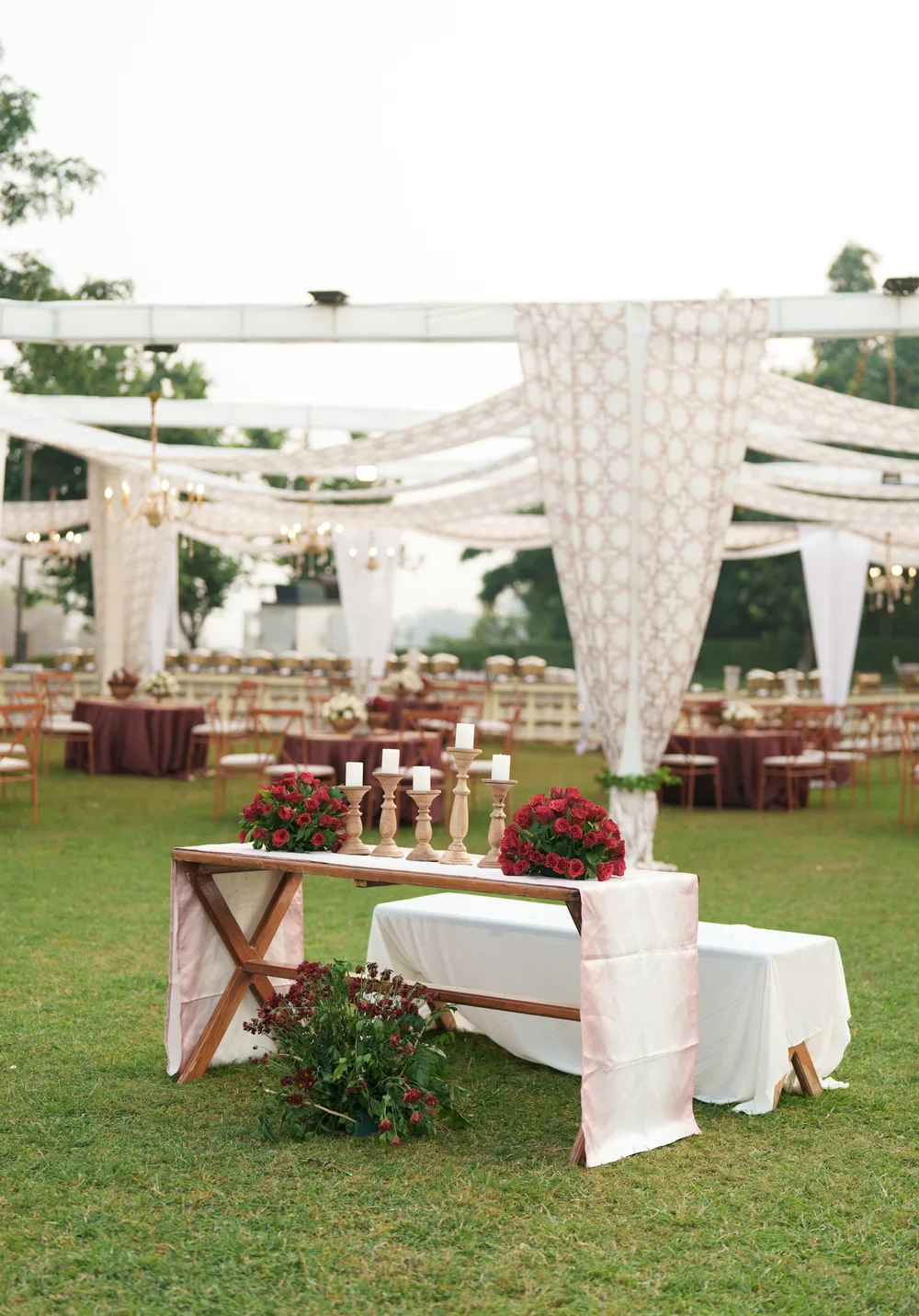 An outdoor wedding reception set for a celebration